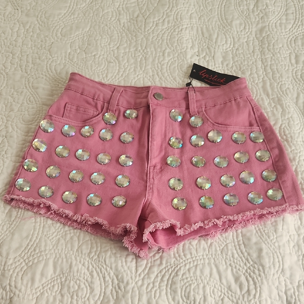Lipstick Boutique Pink Gem-Studded Jean Shorts